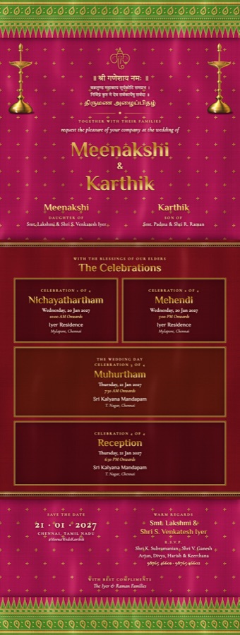 Kanjeevaram & Kolam wedding invitation sample for Meenakshi and Karthik